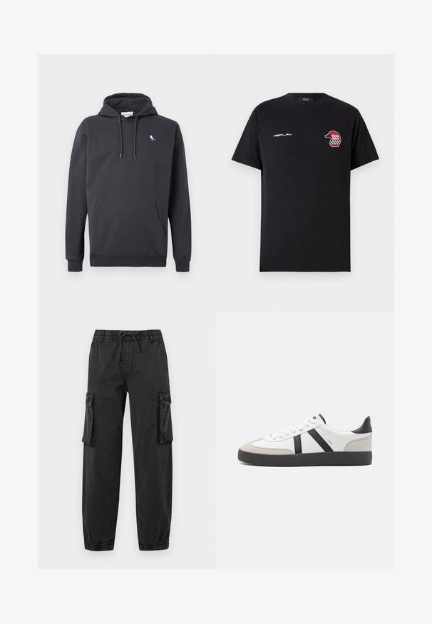 Dunkelgrauer Kapuzenpullover mit Fronttasche und kleinem weißen und blauen Vogel-Logo auf der linken Brust.; Replay SHORT SLEEVE GRAPHIC - T-Shirt print - black; Schwarze Cargo-Hosen aus strukturiertem Stoff mit einem elastischen Bund und Kordelzug. Mit Seitentaschen und elastischen Bündchen an den Knöcheln.; Weiße Sneaker mit schwarz- und grau-aczenten, ausgestattet mit einer strukturierten grauen Zehenkappe, schwarzer Gummi-Sohle und flachen weißen Schnürsenkeln. Sauberes Design, minimalistische Stil.