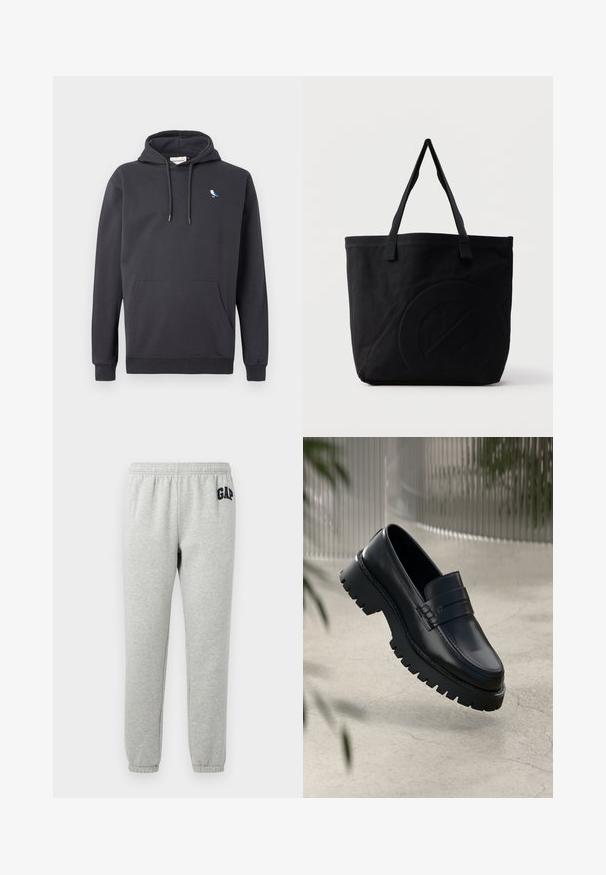 Sudadera con capucha de color gris oscuro, con bolsillo frontal y un pequeño logotipo de un pájaro blanco y azul en el lado izquierdo del pecho.; Pantalones de chándal grises con cinturilla elástica, tobillos acampanados y un logo de "GAP" en navy en el muslo superior izquierdo. Tejido suave de mezcla de algodón.; Mocasines de cuero negro con suela gruesa, que presentan una correa decorativa y detalles de costura. Textura suave con un acabado pulido.; Bolsa tote de lona negra con dos correas para el hombro y un diseño circular en relieve sutil en el frente.