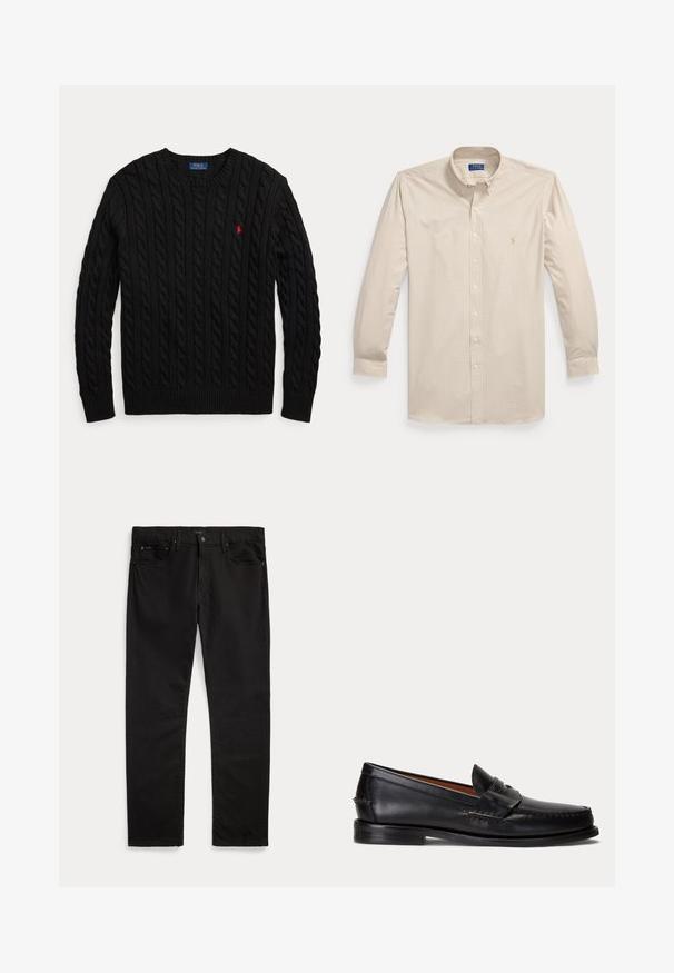 Zwarte kabelgebreide trui met ronde hals, lange mouwen en klein rood Polo Ralph Lauren-logo op de borst.; Beige-wit geruit overhemd met lange mouwen, knopen, kraag en Polo Ralph Lauren-logo op de linkerborst.; Zwarte jeans met rechte pijpen, voor- en achterzakken, riemlussen, knoopsluiting en een subtiel merkembleem op de tailleband en zak.; Zwarte leren loafer met lage hak en penny-strap detail, van opzij getoond op een lichtgrijze achtergrond.