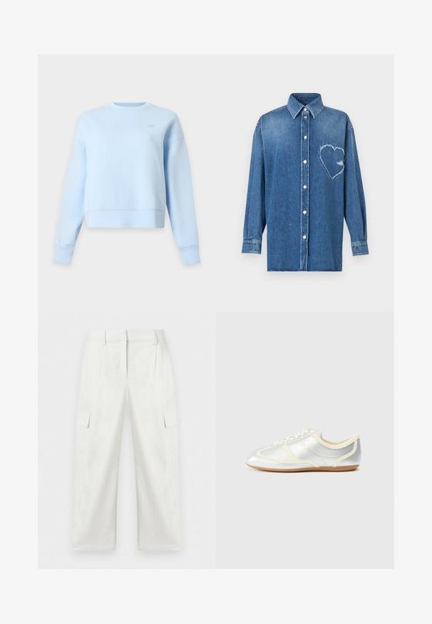 Sweat-shirt bleu clair à manches longues, col rond, coupe décontractée avec un petit logo ton sur ton sur la partie supérieure de la poitrine sur fond blanc.; Chemise en denim bleu à manches longues, boutonnée, avec un col pointu et un patch en forme de cœur effiloché sur le côté gauche de la poitrine.; Pantalon cargo blanc à jambes droites avec poches à rabat sur les côtés, passants pour ceinture et fermeture éclair frontale, présenté sur un fond uni.; Baskets synthétiques argentées avec accents crème, profil bas, bout arrondi et semelle en caoutchouc plate ; dotées de coutures classiques et d'une fermeture à lacets.