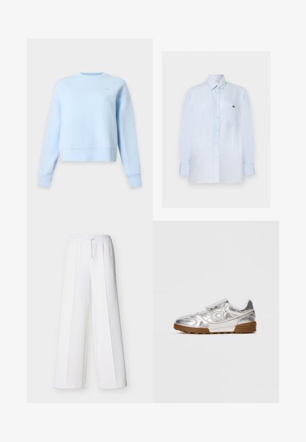 Sweat-shirt bleu clair à manches longues, col rond, coupe décontractée avec un petit logo ton sur ton sur la partie supérieure de la poitrine sur fond blanc.; Chemise bleu clair à manches longues avec boutons, poche poitrine et petit logo crocodile vert sur la poche.; Pantalon blanc à jambes larges avec une ceinture élastique et un cordon de serrage. Confectionné en tissu doux avec des coutures verticales pour un look ajusté.; Sneaker métallique argenté avec un logo "C" blanc, des lacets blancs et une semelle en caoutchouc marron, présenté sur le côté sur un fond clair uni.
