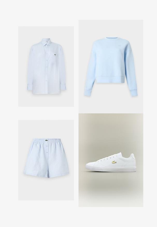 Sweat-shirt bleu clair à manches longues, col rond, coupe décontractée avec un petit logo ton sur ton sur la partie supérieure de la poitrine sur fond blanc.; Chemise bleu clair à manches longues avec boutons, poche poitrine et petit logo crocodile vert sur la poche.; Boxer homme bleu clair avec ceinture élastique, fermeture avant à boutons et petit logo crocodile vert au centre.; Baskets blanches en cuir lisse avec un embout arrondi, des lacets plats et un petit logo doré. Présente une semelle en caoutchouc texturée et un design sobre.