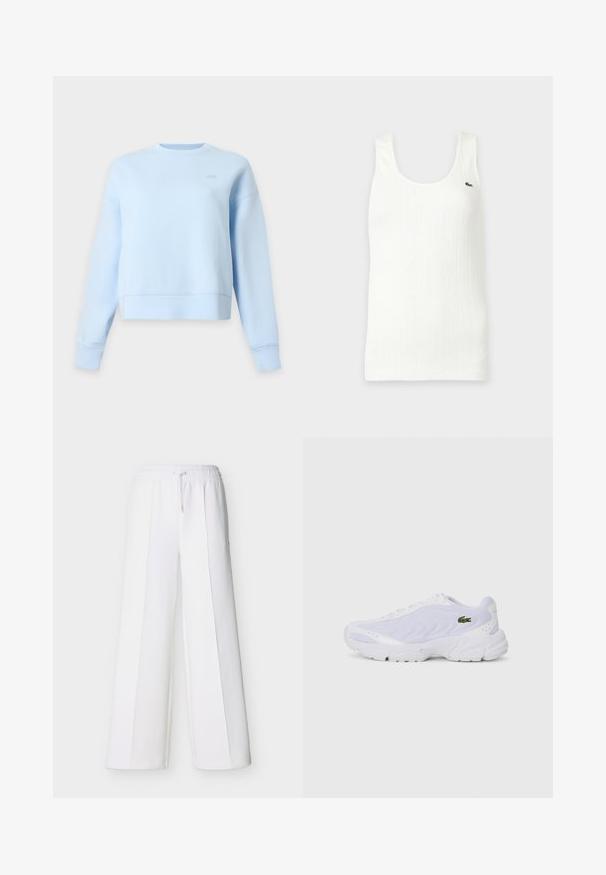 Lyseblå langærmet crewneck-sweatshirt med afslappet pasform og lille tone-i-tone logo på den øverste del af brystet mod hvid baggrund.; Hvid ærmeløs strikket tanktop med subtile lodrette teksturerede mønstre og et lille grønt krokodillelogo på øverste venstre bryst.; Hvide bukser med vide ben, elastisk talje og snøre. Fremstillet af blødt stof med lodrette sømme for et skræddersyet udseende.; Hvide atletiske sko med mesh-overdel, tekstureret design og polstret krave. Har grønt logo på siden og polstret sål for komfort.