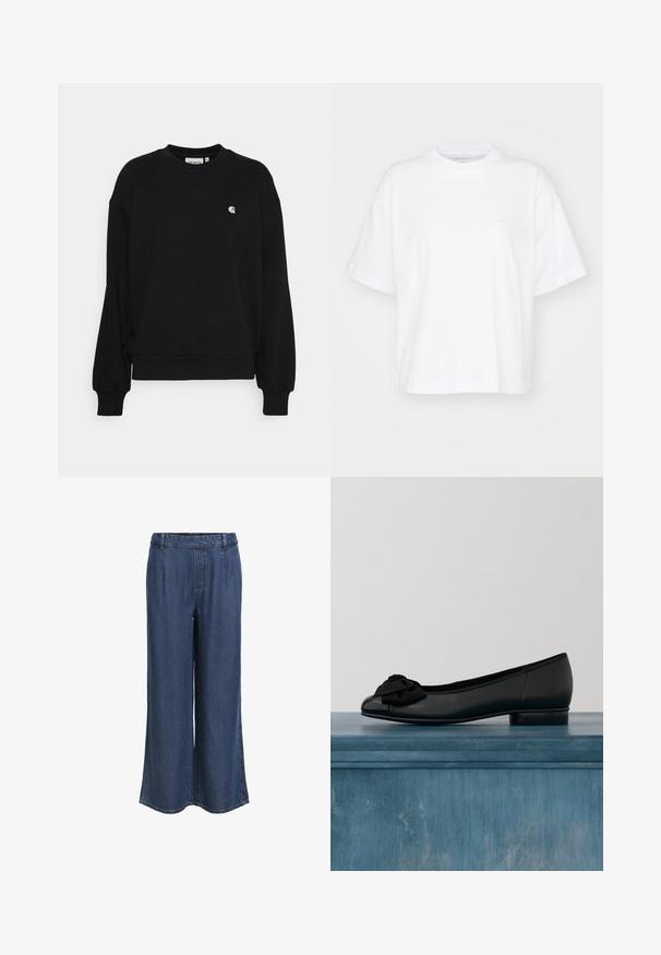 Sort bomulds sweatshirt med rund hals, drop shoulders og et lille broderet logo på brystet. Har ribbede ærmer og forneden.; Hvid bomulds t-shirt med rund hals, korte ærmer og en afslappet pasform. Har et diskret logo på venstre brystområde. Glat tekstur.; Mørkeblå denimbukser med lige ben, elastisk talje og bæltestropper, uden synlige lommer, præsenteret på en hvid baggrund.; Sorte lave hæle dame flade sko med rund tå og stofsløjfe detalje foran, vist på en ensfarvet hvid baggrund.