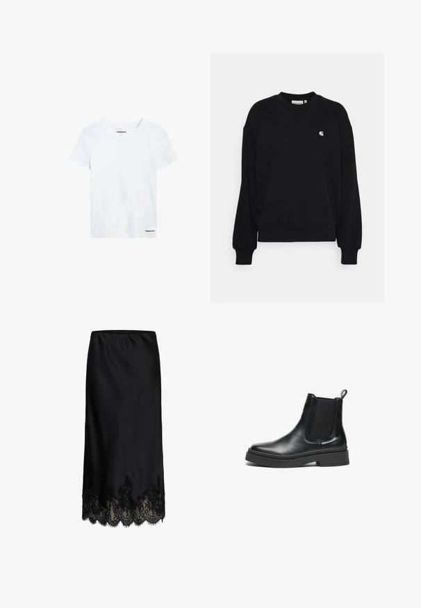 Sudadera de algodón negra con cuello redondo, hombros caídos y un pequeño logo bordado en el pecho. Presenta puños y bajo acanalados.; Camiseta de algodón blanca con mangas cortas, un escote redondo y una pequeña etiqueta de logo negra en la parte inferior izquierda. Textura suave, ajuste estándar.; Falda midi negra con delicado borde de encaje floral a lo largo del dobladillo, con bordes ondulados y una sección superior de tela lisa.; Botas Chelsea de cuero negro con paneles laterales elásticos, un acabado liso y una suela de goma gruesa, con una lengüeta para facilitar su uso.