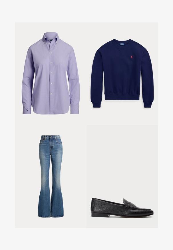 Marineblaues Sweatshirt mit Rundhalsausschnitt, gerippten Bündchen und Saum, mit kleinem roten gesticktem Logo auf der linken Brust.; Hellviolettes Herren-Langarmhemd mit Knopfleiste, geknöpftem Kragen und gesticktem Logo auf der linken Manschette.; Hoch taillierte blaue Denim-Jeans mit ausgestellten Beinen und leichtem Verblassen im vorderen Oberschenkelbereich, vor weißem Hintergrund gezeigt.; Schwarze Lederloafers mit strukturiertem Finish, ausgestattet mit einem dekorativen Riemen und flachem Absatz. Schlankes, minimales Design mit abgerundeter Spitze.