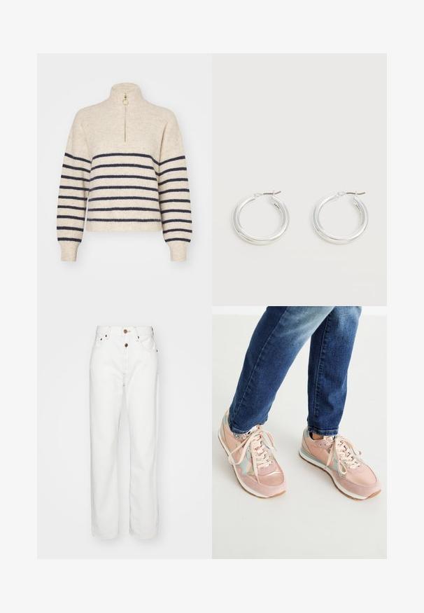 Tricot beige avec des rayures horizontales bleu marine, col montant et fermeture éclair demi-longueur. Fabriqué en tissu tricoté texturé, avec des poignets côtelés.; Jeans en denim blanc avec une coupe droite ; comprend une fermeture à bouton et à glissière, des coutures beiges et des poches avant.; Baskets roses en matières suédé et cuir, avec des accents bleu clair, bout arrondi et semelles en caoutchouc blanches. Les lacets sont beige.; Paire de boucles d'oreilles créoles moyennes argentées brillantes avec de fines attaches métalliques sur un fond clair et neutre.