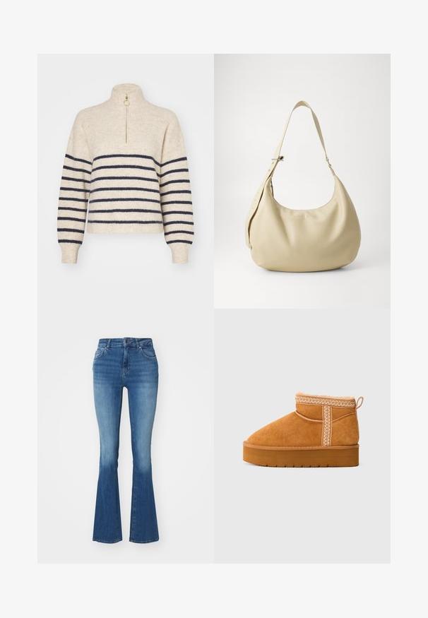 Beige sweater med marineblå vandrette striber, høj krave og halv-zip lukning. Fremstillet af et tekstureret strikket stof med ribbede manchetter.; Højtaljede klokkejeans i lyseblå denim, med en glat tekstur, lynlås med en knap og to frontlommer.; Tan ruskindsankelstøvle med kraftig gummisål, dekorativ syning, løkke til at trække op med, og plysforet synligt ved topkanten.; Beige læder skuldertaske med en buet form, justerbar rem og præget logo detalje, der har en glat tekstur og minimalistisk design.