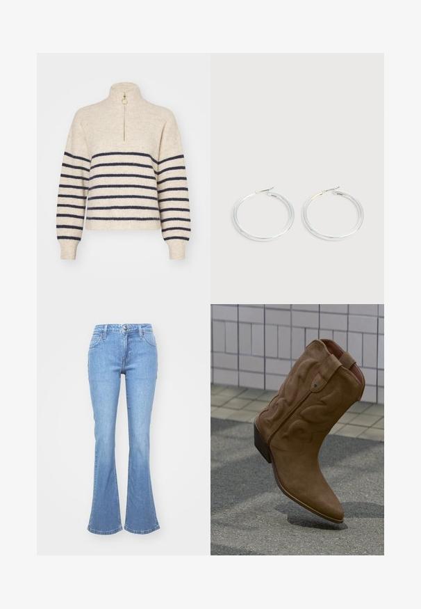 Tricot beige avec des rayures horizontales bleu marine, col montant et fermeture éclair demi-longueur. Fabriqué en tissu tricoté texturé, avec des poignets côtelés.; Jean en denim bleu clair avec une jambe évasée, comprenant cinq poches, une fermeture par bouton à l'avant et des détails de décoloration subtils sur le tissu.; Botte de cowboy en daim marron avec une couture décorative et un talon empilé, positionnée droite sur un sol carrelé extérieur.; Paire de boucles d'oreilles créoles argentées brillantes avec fermoirs en fil fin, présentée sur un fond gris clair.