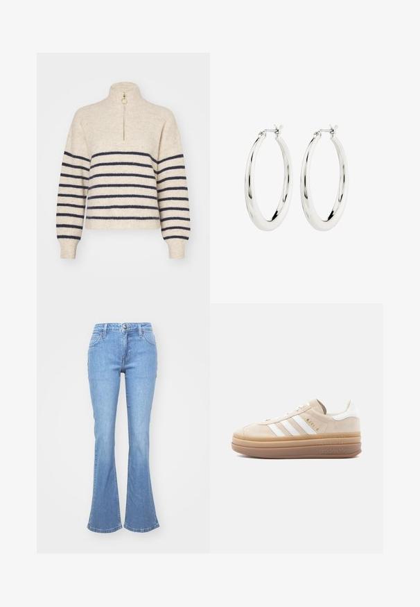 Beige Pullover mit navyblauen horizontalen Streifen, hohem Kragen und halbem Reißverschluss. Hergestellt aus einem strukturierten Strickstoff, mit gerippten Bündchen.; Hellblaue Denim-Jeans mit ausgestelltem unteren Bein, ausgestattet mit fünf Taschen, einem vorderen Knopfverschluss und subtilen Ausbleichungen im Stoff.; Beige Wildleder-Sneaker mit weißen Lederakzenten, versehen mit drei weißen Streifen, einem goldenen Logo und einer dicken, durchsichtigen Gummisohle.; Silberne Creolen mit einer glatten, glänzenden Oberfläche. Kreisform, ausgestattet mit einem sicheren Verschluss. Einfaches und elegantes Design.
