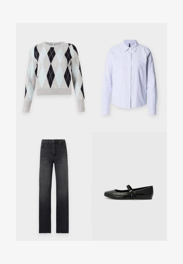 Pull en motif argyle bleu clair, gris et marine. Tissu doux, col rond, manches longues, avec ourlet et poignets côtelés.; Chemise à manches longues à boutons avec rayures verticales bleues et blanches et col pointu, présentée sur un fond blanc uni.; Jean noir taille haute à jambes droites avec poches avant, passants pour ceinture et détails subtils délavés sur les cuisses.; Ballerines en cuir noir avec un bout arrondi, une semelle plate et une fine sangle ajustable sur le cou-de-pied avec une boucle en métal.