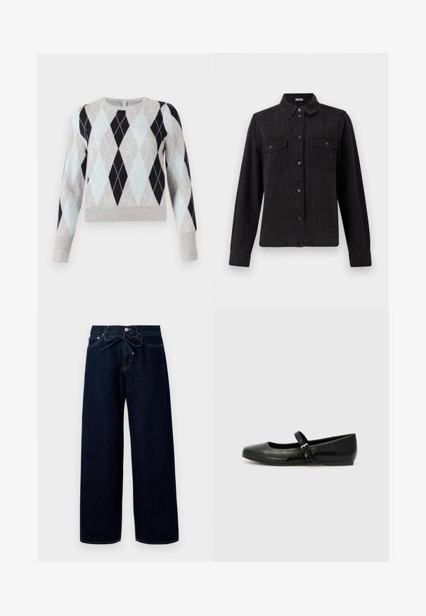 Pullover mit Argyle-Muster in hellblau, grau und marineblau. Weicher Stoff, Rundhalsausschnitt, lange Ärmel, mit geripptem Saum und Bündchen.; Schwarze Denim-Button-Up-Hemd mit langen Ärmeln, zwei Brusttaschen mit Klappe und einem klassischen Kragen auf weißem Hintergrund.; Dunkelblaue, weit geschnittene Jeans aus Denim mit einem vorderen Knopfverschluss und einem Kordelzugbund, versehen mit kontrastierenden Nähten.; Schwarze Leder-Ballerinas mit einer runden Spitze, einer flachen Sohle und einem dünnen, verstellbaren Riemen über dem Spann mit einer Metallschnalle.