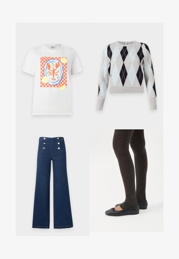 Pull en motif argyle bleu clair, gris et marine. Tissu doux, col rond, manches longues, avec ourlet et poignets côtelés.; T-shirt blanc à manches courtes avec un homard rouge sur une assiette, placé sur un tissu à carreaux rouge et blanc avec des tranches de citron autour.; Jean large taille haute bleu foncé avec six boutons argentés disposés en deux rangées verticales sur la ceinture avant.; Jambes portant des leggings côtelés foncés associés à des ballerines noires avec de petits détails en nœud sur fond blanc.