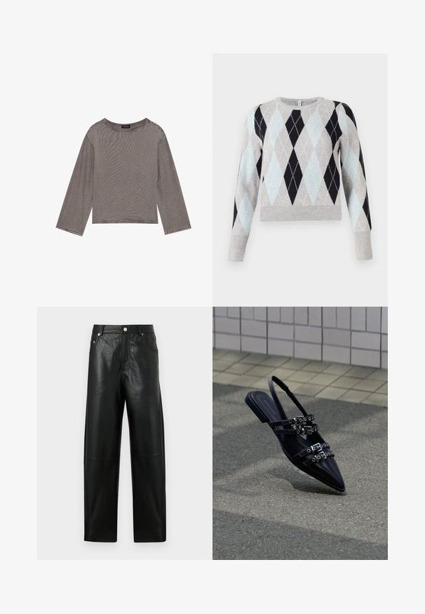 Argyle-mønstret sweater i lyseblå, grå og marineblå. Blødt stof, rund hals, lange ærmer, med ribbestrikket kant og manchetter.; Grå langærmet top lavet af letvægtsstof med en løs pasform, der har en rund halsudskæring og rå kantdetaljer.; Sorte højtaljede bukser i imiteret læder med lige ben, foran med knap, lynlås, bæltestropper og sidelommer på ensfarvet baggrund.; Sort flad sandal med spids tå, flere remme med spænder og slingback, placeret over et belagt underlag og flisevæg som baggrund.