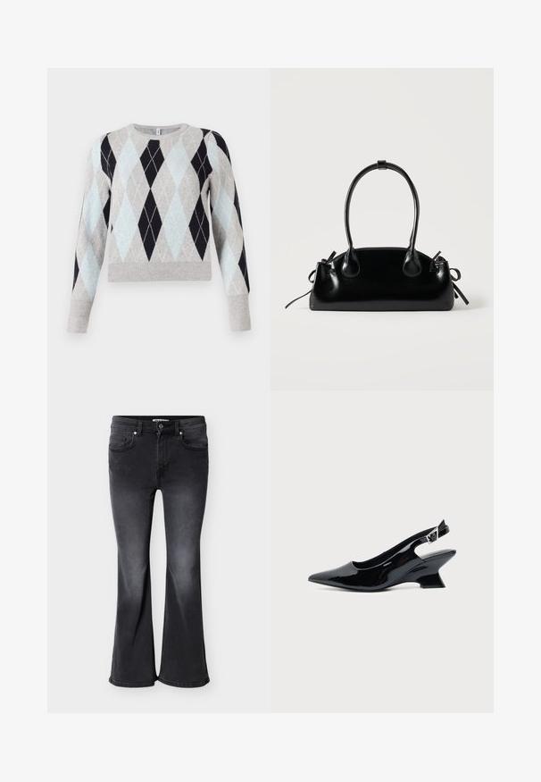 Pull en motif argyle bleu clair, gris et marine. Tissu doux, col rond, manches longues, avec ourlet et poignets côtelés.; Jean évasé noir en denim, doté de quatre poches, passants pour ceinture, et d'une texture délavée avec une teinte légèrement plus foncée à l'ourlet.; Chaussure slingback en cuir verni noir avec bout pointu et petit talon bloc incliné sur fond clair uni.; Petit sac à main noir brillant avec deux longues anses et des détails à cordon sur les côtés sur un fond clair uni.