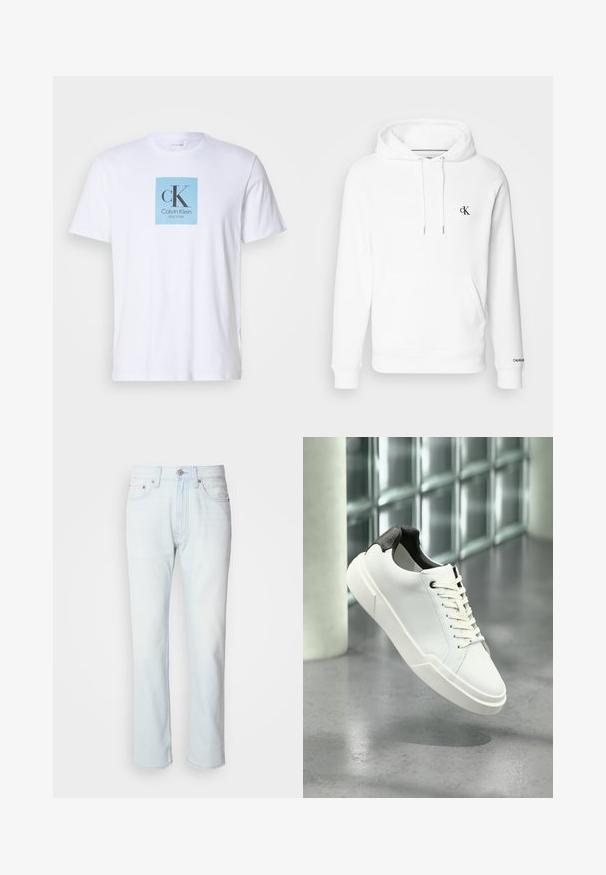 Weißer Baumwoll-Hoodie mit Kapuze und Kordelzug, Fronttasche und schwarzem gesticktem cK-Logo auf der Brust. Gerippte Bündchen und Saum.; Weißes T-Shirt mit kurzen Ärmeln und einem hellblauen Quadrat auf der Brust, das das Textlogo "cK Calvin Klein New York" zeigt.; Hellblaue Jeans mit geradem Bein. Verfügt über einen Knopfverschluss und Gürtelschlaufen, präsentiert eine ausgebleichte Textur und minimale Nähte.; Weißer Sneaker mit niedrigem Schaft, schwarzem, strukturiertem Fersenlaschen, weißen Schnürsenkeln und dicker Sohle auf einem polierten Betonboden in der Nähe von Glasbausteinen.