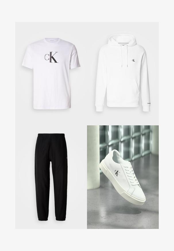 Weißer Baumwoll-Hoodie mit Kapuze und Kordelzug, Fronttasche und schwarzem gesticktem cK-Logo auf der Brust. Gerippte Bündchen und Saum.; Weißes Baumwoll-T-Shirt mit einem auffälligen schwarzen 'cK'-Logo in fetter Schrift auf der Vorderseite. Kurze Ärmel mit einem klassischen Rundhalsausschnitt.; Schwarze Jogginghosen mit elastischem Bund, schmal zulaufenden Beinen und Bündchen. Glatte Stoffoberfläche. Logodetail an der Seite.; Weißer Calvin Klein Sneaker mit Schnürsenkeln, schwebend über einem polierten Betonboden und einer Glasbausteinwand im Hintergrund dargestellt.