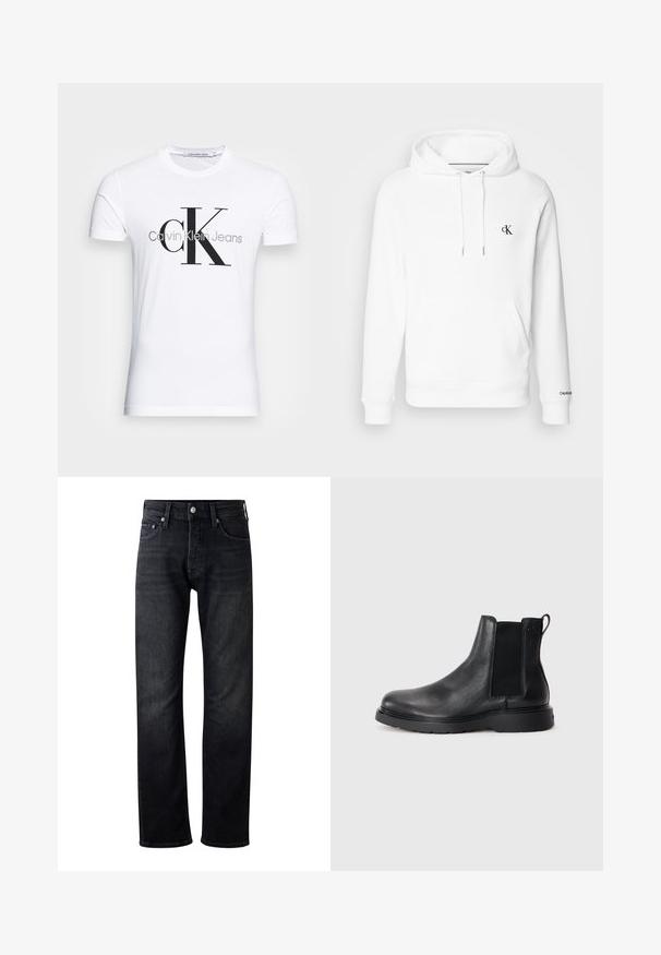 Witte katoenen hoodie met een trekkoordkap, voorzak en zwart geborduurd cK-logo op de borst. Ribgebreide manchetten en zoom.; Wit T-shirt met korte mouwen met een groot zwart "cK" en grijs "Calvin Klein Jeans" tekstlogo aan de voorkant.; Heren donkerdenim jeans met een recht gesneden ontwerp, voorzien van een klassieke vijfzakstijl en metalen knoopsluiting. Diverse wassingen zichtbaar.; Zwarte leren Chelsea boots met een gestructureerde afwerking, elastische zijpanelen en een stevige rubberen zool. Subtiele branding op de hiel.