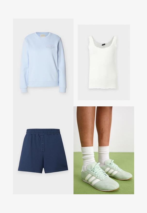 Lichtblauwe longsleeve trui met geribbelde manchetten en zoom, voorzien van een klein geborduurd GANT-logo op de linkerborst.; Wit geribd tanktopje met kantafgewerkte bandjes en geschulpte randen, getoond tegen een lichtgrijze achtergrond.; Marineblauwe katoenen shorts met elastische tailleband en drieknoopssluiting aan de voorkant, weergegeven op een effen lichte achtergrond.; Mintgroene sportschoenen met witte strepen, gladde leren textuur, ronde teen en rubberen zool, gecombineerd met witte geribde sokken.
