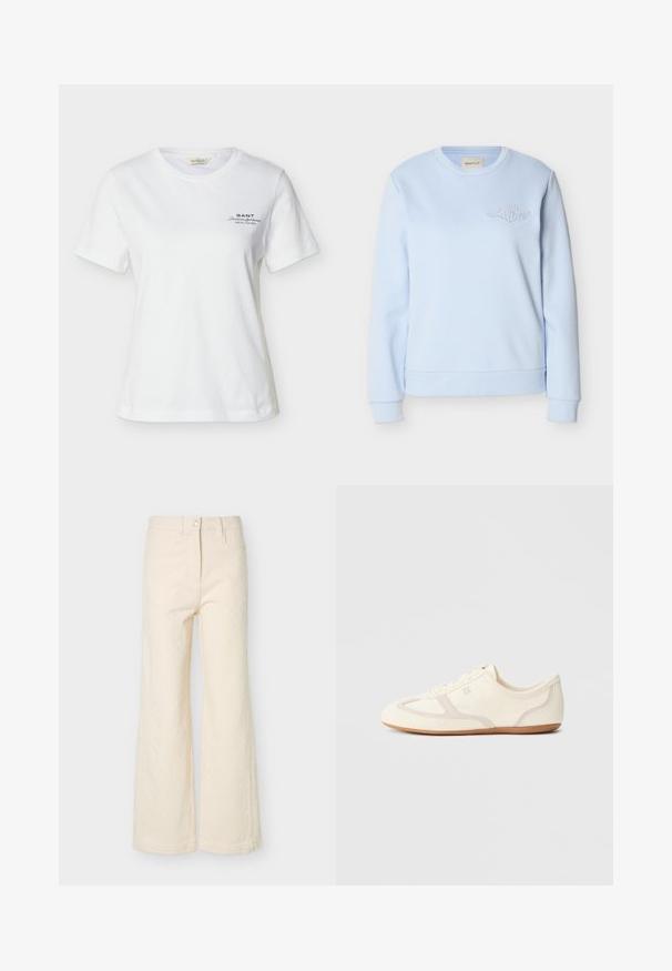 Sweat-shirt à manches longues bleu clair avec poignets et ourlet côtelés, présentant un petit logo GANT brodé sur la poitrine gauche.; T-shirt blanc à manches courtes et col rond avec un petit texte noir "GANT American Sportswear New Haven" sur le côté gauche de la poitrine.; Pantalon crème taille haute à jambes larges avec bouton avant, fermeture éclair, passants pour ceinture, et détail subtil en tissu texturé.; Baskets couleur crème avec une tige en daim et tissu, un bout arrondi, et une semelle en caoutchouc avec un détail accent beige. Fermeture à lacets.