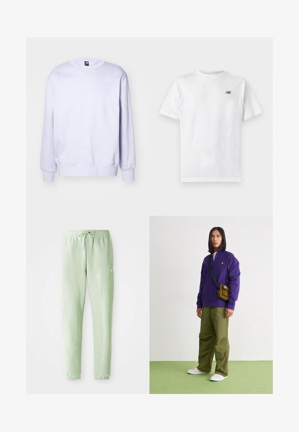 Sudadera de color púrpura claro, mezcla de algodón, cuello redondo, puños y dobladillo acanalados, presenta un pequeño logotipo blanco en la parte superior izquierda del frente. Textura suave.; Camiseta blanca de manga corta con cuello redondo y un pequeño logo negro de New Balance en la parte superior izquierda del pecho sobre un fondo liso y claro.; Pantalones de chándal verde claro, hechos de algodón suave, con cintura elástica y cordón, piernas ajustadas y puños gather.; Jordan AIR JORDAN 1 ZM CMFT 2 - Zapatillas altas - summit white/bicoastal/oxidized green