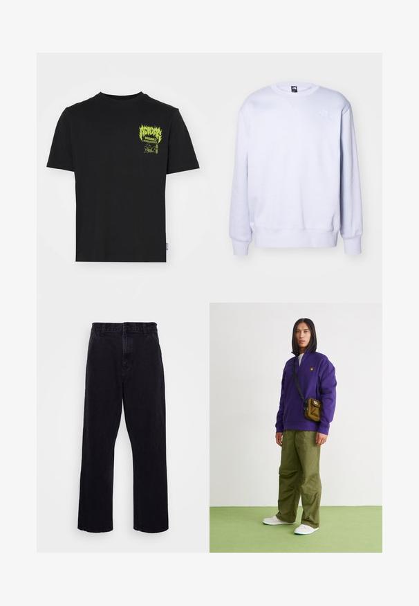 Sudadera de color púrpura claro, mezcla de algodón, cuello redondo, puños y dobladillo acanalados, presenta un pequeño logotipo blanco en la parte superior izquierda del frente. Textura suave.; Camiseta de algodón negra con un gráfico y texto en neón verde en la parte izquierda del pecho, con cuello redondo y mangas cortas.; Pantalones de mezclilla negros con un diseño de pierna recta, que cuentan con un cierre de botón y cremallera, presillas para cinturón y detalles de costura mínimos.; Jordan AIR JORDAN 1 ZM CMFT 2 - Zapatillas altas - summit white/bicoastal/oxidized green