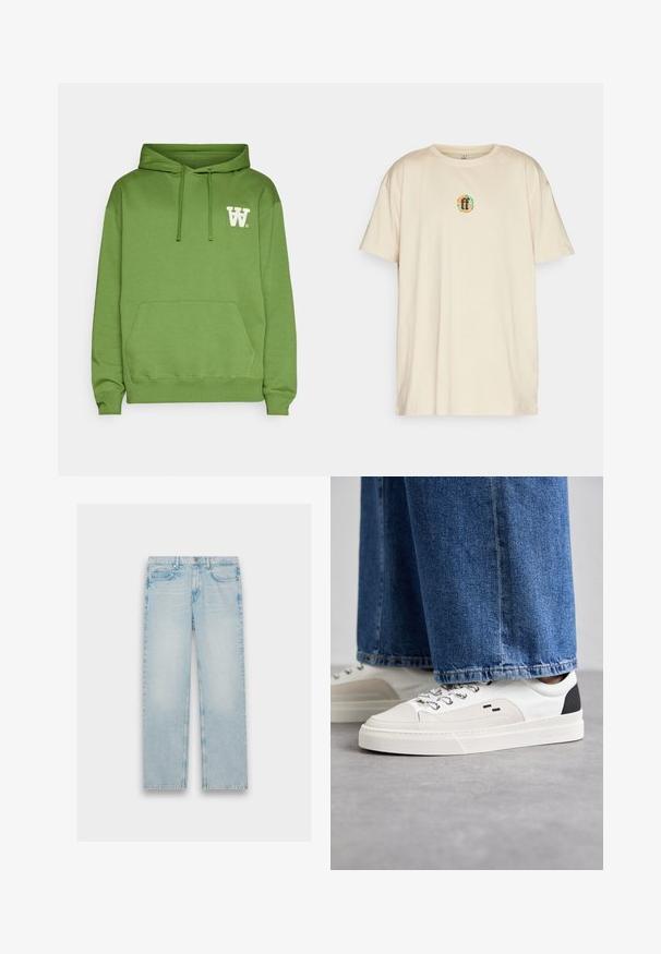 Groene hoodie van zachte stof, met een voorkant zak, verstelbare trekkoordkap en een wit logo op de linker borst.; Forgotten Faces T-shirt print - sand; Lichtblauwe denim jeans met een recht model, vijf zakken en een vervaagde afwerking. Metaalbeslag en gestikte details zijn zichtbaar.; Witte en zwarte sneakers met een glad leren bovenwerk, textuuraccenten en een chunky witte zool. Heeft een klassiek vetersluiting ontwerp.