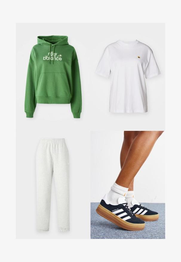 Groene hoodie met een buidelzak en een wit "new balance" logo met bloemaccenten over de voorkant.; Witte katoenen t-shirt met een relaxte pasvorm, korte mouwen en een klein geborduurd logo op de linkerborst.; Lichtgrijze sweatpants met een elastische tailleband, taps toelopende pijpen en ribgebreide manchetten. Gemaakt van een zachte, gestructureerde stof. Witte logodetail aan de zijkant.; Ben met witte sokken en zwarte Adidas Gazelle sneakers met witte strepen en dikke bruine zolen op een grijs tapijt.