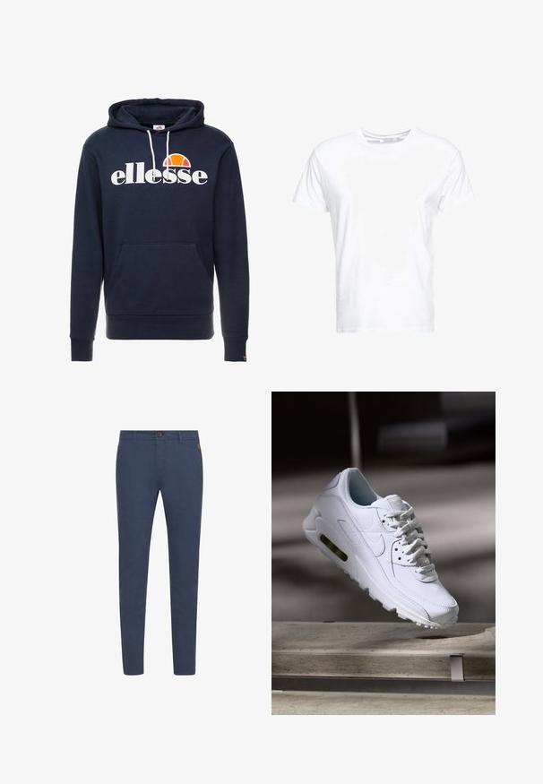 Sudadera con capucha de color azul marino que presenta un gran logo blanco de "ellesse" y un acento redondo en color naranja; confeccionada con tela suave y con un bolsillo tipo canguro.; Camiseta de algodón blanca con cuello redondo y mangas cortas, con un corte clásico y una textura suave. Sin patrones ni elementos metálicos visibles.; Pantalones de algodón azul marino con corte slim, con un botón marrón, bolsillos frontales y costuras simples. Textura suave, sin patrones visibles.; Zapatilla blanca de piel con superficies texturizadas, cuello acolchado y amortiguación de aire visible en la suela. Presenta cordones y un diseño minimalista.