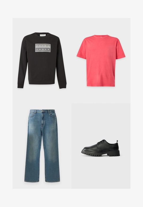 Zwarte lange mouwen sweatshirt met een rechthoekige logopatch met daarop "JACK & JONES" in lichtgrijs en wit op de borst.; Effen fel koraalroze t-shirt met korte mouwen en ronde hals, regular fit, op een witte achtergrond.; Blauwe denim jeans met een wijde pijp, voorzien van een vervaagde wassing, een klassiek vijf-pocket ontwerp en een metalen knoopsluiting bij de taille.; Zwarte leren veterschoenen met een ronde neus, een gestructureerd oppervlak en een chunky rubberen zool met diepe profielen voor grip.