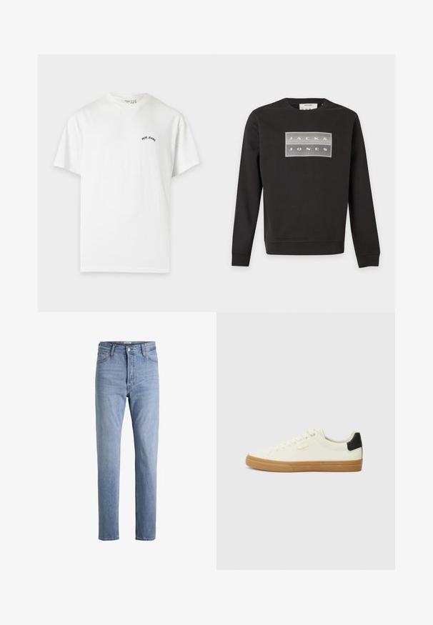 Sweat-shirt noir à manches longues avec un patch logo rectangulaire affichant "JACK & JONES" en gris clair et blanc sur la poitrine.; T-shirt blanc à manches courtes col rond avec petit texte noir "Pepe Jeans" sur la poitrine gauche.; Jean bleu clair à taille haute avec jambes droites, bouton à l'avant, fermeture éclair, passants pour ceinture, ainsi que poches avant et arrière.; Sneaker en toile blanche avec une semelle en gomme, accent au talon noir, bout rond et design à lacets. Présente le logo de la marque en doré sur le côté.