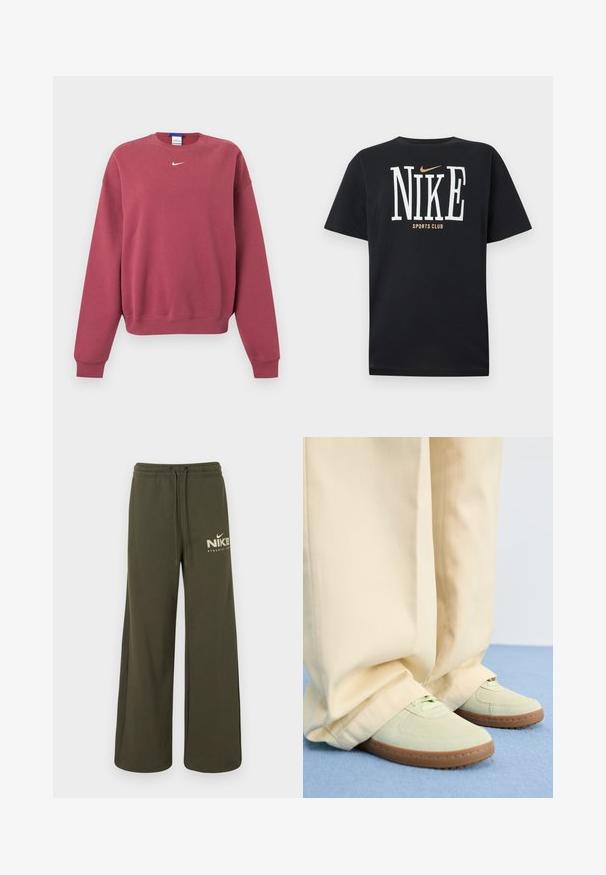 Langärmliges Sweatshirt in staubigem Rosaton mit kleinem weißen Nike Swoosh-Logo, zentriert unter dem Kragen.; Schwarzes Nike T-Shirt mit kurzen Ärmeln, großem weißen "NIKE" Schriftzug, kleinem goldenen Nike-Swoosh darüber und dem Schriftzug "SPORTS CLUB" unter dem Logo.; Olivgrüne Jogginghosen mit weitem Bein, elastischem Taillenbund und Kordelzug, mit weißem "Nike Athletic Club"-Logo am linken Oberschenkel.; Grüne Wildledersneaker mit runden Zehen und strukturierten Sohlen, kombiniert mit weiten beigen Hosen, auf einer blauen Fläche.