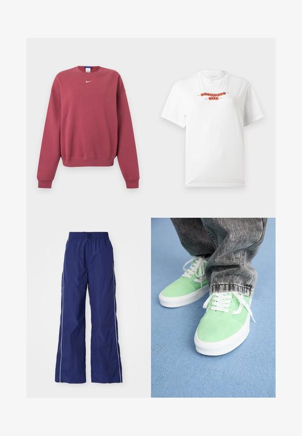 Pölyruusunn värinen pitkähihaisen pyöreäkauluksinen collegepaita, jossa pieni valkoinen Nike swoosh -logo kauluksen alapuolella keskellä.; Valkoinen lyhythihainen T-paita, jossa "Carhartt WIP" on kirjoitettu oranssein ja punaisin lohkokirjaimin rinnan kohdalle.; Laivansiniset, kevyet, leveälahkeiset housut, joissa on joustava vyötärö ja nyöri, sekä valkoiset sivuraidat ja ryppyinen pinta.; Henkilö, joka käyttää vaaleanvihreitä ja valkoisia tennareita, joissa on valkoiset nauhat, ja haalistuneita mustia farkkuja, seisoo sinisellä teksturoidulla lattialla.