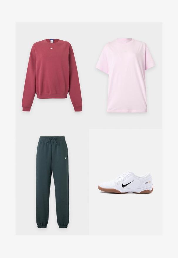 Mikina s dlhým rukávom v farbe dusty rose s malým bielym logom Nike swoosh umiestneným pod golierom v strede.; Svetloružové tričko značky Nike s krátkym rukávom a okrúhlym výstrihom, s malým bielym logom Nike v strede na hrudi, zobrazené na jednofarebnom pozadí.; Tmavo zelené Nike jogger nohavice vyrobené z mäkkej tkaniny, s elastickým pásom a nastaviteľnou šnúrkou, s elastickými manžetami.; Biela vnútorná futbalová topánka Nike Total 90 III s čiernym logom Swoosh a gumovou podrážkou, zobrazená z boku na jednoduchom pozadí.