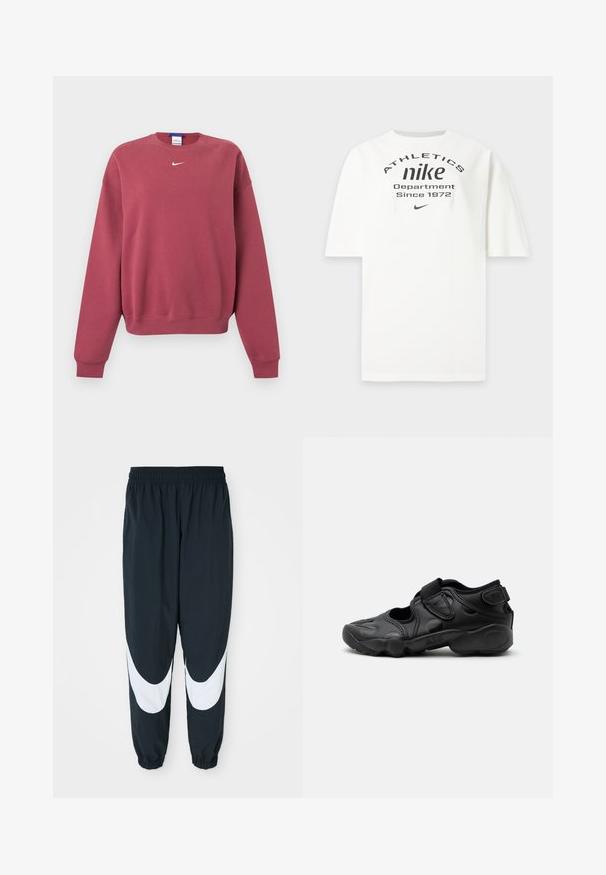 Mikina s dlhým rukávom v farbe dusty rose s malým bielym logom Nike swoosh umiestneným pod golierom v strede.; Biele tričko Nike s čiernym textom "ATHLETICS nike Department Since 1972" a malým logom Nike swoosh pod textom.; Čierne teplákové nohavice s bielymi zakrivenými panelmi, elastickým pásom a zhromaždenými manžetami, vyrobené z ľahkej látky a vo voľnom strihu.; Čierna športová sandála s uzavretou špičkou, suchými zipsami na priehlavku a päte a hrubou vystlanou podrážkou označenou "AIR" na boku.