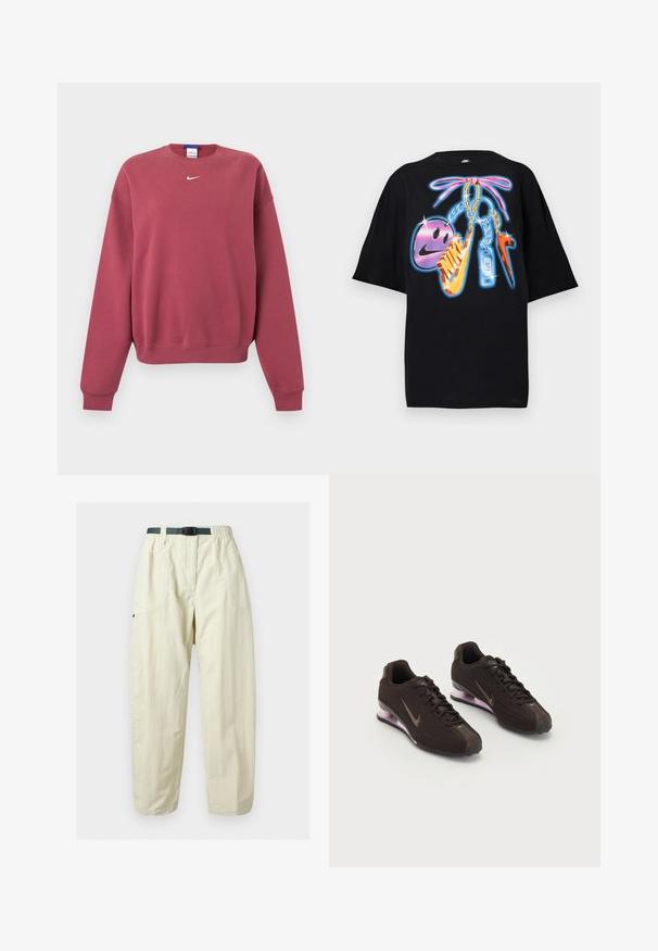 Langærmet sweatshirt i dusty rose med lille hvid Nike swoosh-logo centreret under kraven.; Sort T-shirt med farverig neon grafik af nøgleringe inklusive en pink snørebånds sløjfe, lilla smilende ansigt, orange Nike swoosh og blå "AIR" mærkat.; Kremfarvede afslappede bukser med elastisk talje og integreret mørkegrønt bånd, med sidelommer og en afslappet pasform.; Sorte atletiksko med en tekstureret overdel, brune detaljer og en lilla luftfyldt sål. Snørebåndsdesign med fremtrædende branding.