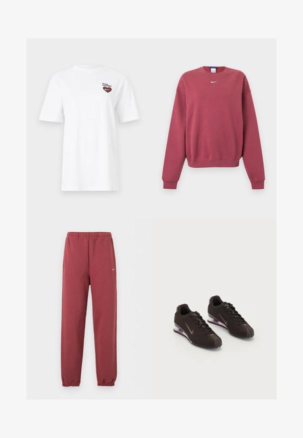 Poros rózsaszín hosszú ujjú, kereknyakú pulóver kis fehér Nike swoosh logóval, amely a gallér alatt, középen található.; Fehér rövid ujjú póló egy kis piros és fekete szív logóval és "To: You Love: Nike" szöveggel a bal mellrészen.; Bordó elasztikus derék- és boka részes melegítőnadrág, apró fehér Nike logóval a jobb combon.; Fekete sportcipők texturált felsőrésszel, barna díszítésekkel és lila légpárnás talppal. Fűzött kialakítás, jellegzetes márkázással.