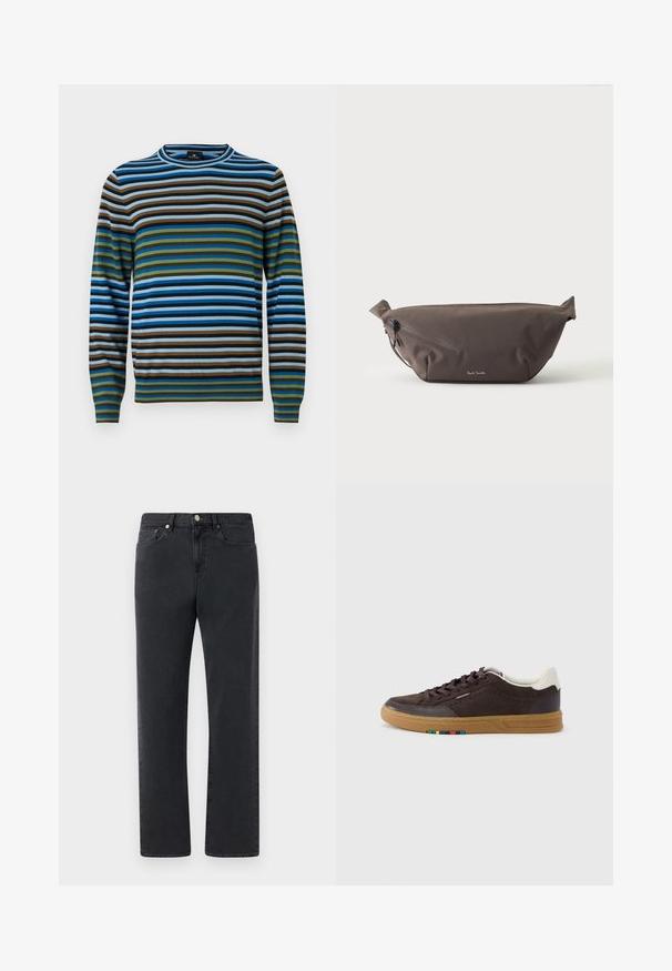 Stribet sweater med vandrette linjer i blå, grøn, brun og grå; lavet af blødt materiale med rund halsudskæring og ribstrikkede manchetter.; Sorte denimjeans med et lige bendesign, fem lommer og metalhardware-accenter. Stoffet har en glat, let struktureret finish.; Mørkebrun ruskindssneaker med rågummisål, hvid hælflig, snørelukning og lille multicolor detalje på siden af sålen.; Mørkebrun stof talje taske med diagonalt lynlåslomme og lille hvidt logo på fronten, sat mod en ensfarvet lys baggrund.
