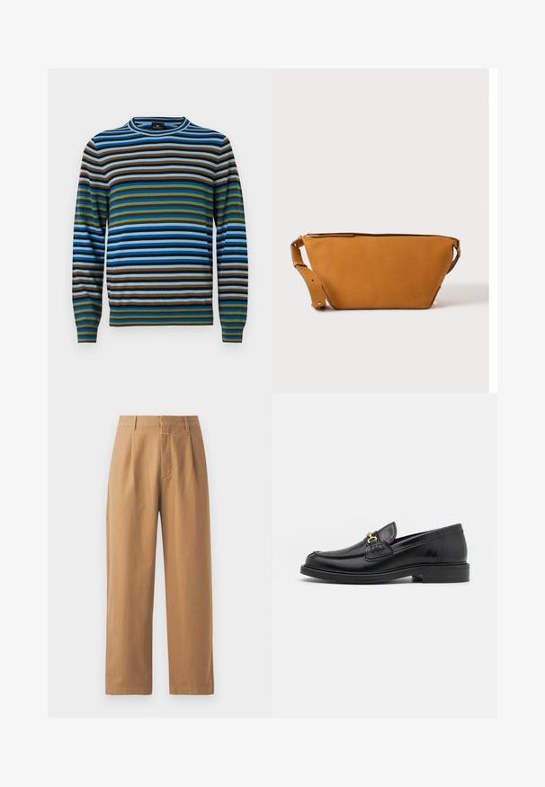 Pull rayé avec des lignes horizontales en bleu, vert, marron et gris ; fabriqué en matériau doux avec un col rond et des poignets côtelés.; Pantalons marron à jambes larges en tissu lisse. Présentent une taille haute avec des plis, des passants de ceinture et une poche avant.; Mocassins en cuir noir avec un embout rond, présentant des accents en métal doré et des détails de couture, montés sur une semelle en caoutchouc texturé et basse.; Sac bandoulière en cuir marron clair avec sangle réglable et fermeture éclair, présenté sur un fond clair uni.