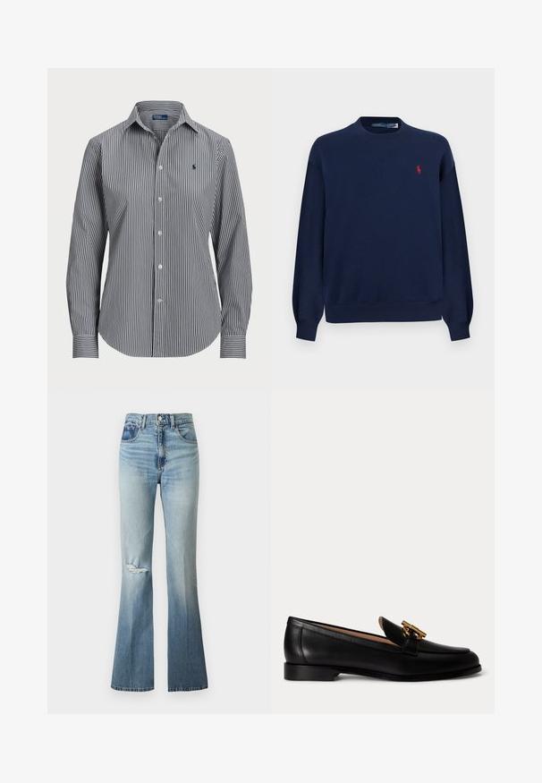Navyblauwe sweater met lange mouwen en een ronde hals, voorzien van geribbelde boorden en zoom, met een klein rood geborduurd logo op de linkerborst.; Gestreept overhemd met verticale marineblauwe en witte strepen, lange mouwen, puntige kraag en een klein logo op de borst.; Lichtblauwe high-waist spijkerbroek met lichte vervaging, distressed detail op de linkerknie en uitlopende pijpen.; Zwarte leren loafer met lage hak en gouden metalen gespdetail bovenop, van opzij getoond op een witte achtergrond.