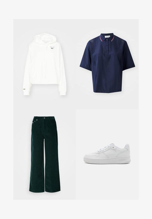 Sudadera blanca de algodón suave, con un bolsillo canguro, capucha con cordón y un pequeño logo de cocodrilo verde en el pecho.; Polo de manga corta en azul marino con cierre de botones, cuello contrastante con acentos en rojo y blanco, y paneles laterales perforados para mayor transpirabilidad.; Pantalones de pana de pierna ancha en verde oscuro. Presentan una textura acanalada horizontal, bolsillos frontales y cierre con botones con detalles de marca.; Zapatillas de cuero blanco con diseño bajo, superficie texturizada, punta redonda, perforaciones para la transpirabilidad y logotipo grabado en el lateral.