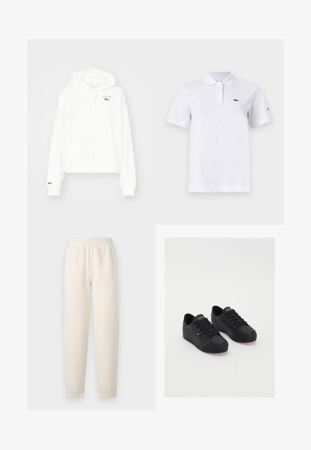Sudadera blanca de algodón suave, con un bolsillo canguro, capucha con cordón y un pequeño logo de cocodrilo verde en el pecho.; Camiseta polo blanca de manga corta con dos botones, un pequeño logotipo verde de cocodrilo en el pecho izquierdo y un sutil logotipo negro en la manga izquierda.; Pantalones de chándal de color crema hechos de una tela suave. Cuentan con una cinturilla elástica y un diseño de perneras ajustadas con detalles de costura sutiles.; Zapatillas bajas negras de material suave, con cordones gruesos, una suela texturizada y un pequeño logo en el lateral y la lengüeta.