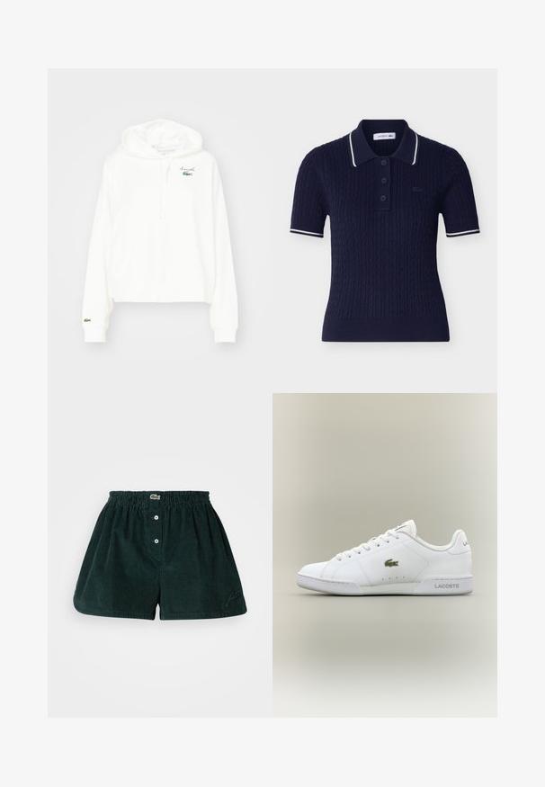 Sudadera blanca de algodón suave, con un bolsillo canguro, capucha con cordón y un pequeño logo de cocodrilo verde en el pecho.; Polo de punto de cable azul marino de manga corta con ribete blanco en el cuello y las mangas, tres botones y logo de Lacoste en el pecho.; Pantalones cortos de pana verde oscuro con cintura elástica, tres botones en la parte delantera y detalle de logo bordado en un costado.; Zapatillas deportivas blancas de cuero sintético, con un logo de cocodrilo bordado en verde, diseño con cordones y una silueta minimalista.