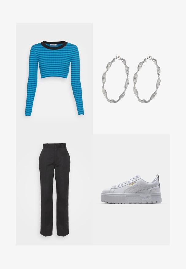 Pull court bleu et noir à rayures avec des manches longues, présentant une texture côtelée et un col rond.; Pantalons noirs avec une texture lisse, un design à jambe droite et une taille ceinturée. Présente une silhouette simple et classique sans motifs supplémentaires.; Baskets plateformes blanches avec une tige en cuir lisse, un col rembourré, une semelle en caoutchouc grise et des accents dorés arborant le logo Puma.; Boucles d'oreilles en argent en forme de créoles avec un design torsadé, présentant une surface texturée et un fermoir sécurisé. Légères et réfléchissantes avec une finition élégante.