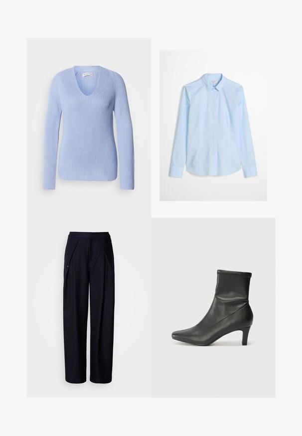 Suéter de punto azul claro con escote en V, mangas largas y textura acanalada. Diseñado con una silueta ajustada y sutiles detalles de costura.; Camisa de botones azul claro con mangas largas, cuello clásico y un logo sutil bordado en el pecho. Tejido liso y impecable.; Pantalones de pierna ancha en color navy con una textura suave, frente plisado y cinturilla elástica. Presenta un bolsillo lateral discreto y un branding minimalista.; Botín negro de cuero hasta el tobillo con punta afilada y un tacón de 6 cm. La parte superior tiene una textura suave con un diseño ajustado y costuras sutiles.