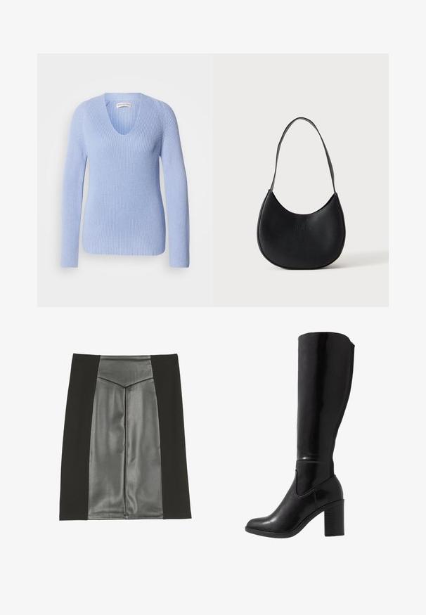 Pull en maille bleu clair avec col en V, manches longues et texture côtelée. Conçu avec une silhouette ajustée et des détails de couture subtils.; Anna Field by Zalando Jupe trapèze - black; Bottes noires à talons vernies hauteur genou, avec un bout arrondi, une texture lisse, un détail de découpe sur le côté et un talon empilé chunky.; Sac à épaule en cuir noir en forme de croissant avec une bandoulière unique et un nom de marque discrètement embossé sur un fond clair uni.