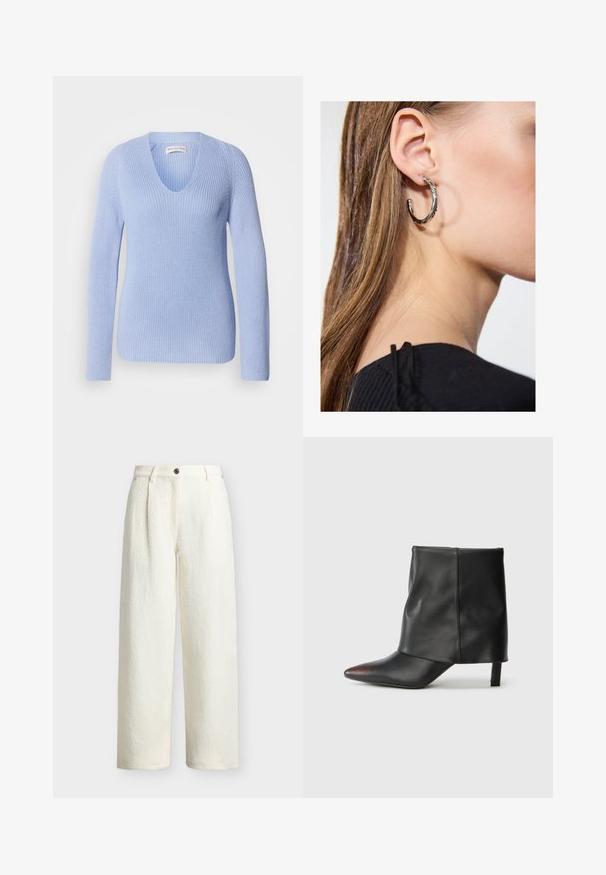 Pull en maille bleu clair avec col en V, manches longues et texture côtelée. Conçu avec une silhouette ajustée et des détails de couture subtils.; Pantalon large taille haute couleur crème en tissu texturé, fermeture devant par boutons, passants de ceinture et poches latérales.; Bottine noire en cuir lisse avec un bout pointu et un talon effilé. La tige présente un design légèrement froncé.; Boucle d'oreille en argent avec une finition polie, présentant de petits détails en or et de forme ronde, portée sur le lobe.