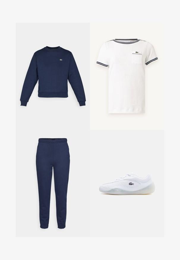 Marineblå sweatshirt lavet af blødt stof, med rund halsudskæring og ribbede manchetter. Lille grøn Lacoste-logo på brystet.; Hvid strikket T-shirt med korte ærmer og marineblå stribet kant på kraven og ærmerne, med en lille brystlomme med en grøn krokodillelogo.; Marineblå svedbukser med elastisk talje og ankelsnøre, set forfra, lavet af blødt stof til afslappet brug.; Hvid sneaker med lavt skaft, perforerede sider, gennemsigtig sål, snørebånd og en sort Lacoste krokodillelogo på ydersiden.