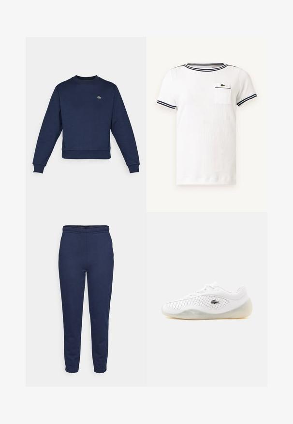 Dunkelblauer Hoodie aus weichem Stoff, mit Rundhalsausschnitt und gerippten Bündchen. Kleines grünes Lacoste-Logo auf der Brust.; Weißes Strickshirt mit kurzen Ärmeln und marineblau gestreiftem Besatz an Kragen und Ärmeln, mit einer kleinen Brusttasche mit grünem Krokodil-Logo.; Marineblaue Jogginghose mit elastischem Bund und Knöchelabschlüssen, Vorderansicht, aus weichem Stoff für lässige Outfits.; Weißer Low-Top-Sneaker mit perforierten Seiten, durchsichtiger Sohle, Schnürsenkeln und einem kleinen schwarzen Krokodil-Logo auf der Außenseite.