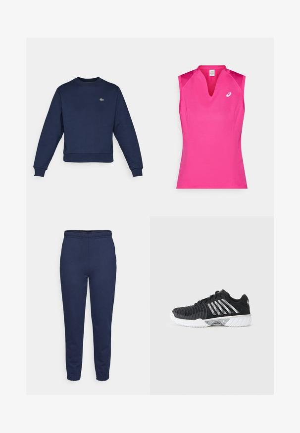Navyblauwe sweatshirt van zachte stof, met een ronde hals en ribgebreide manchetten. Klein groen Lacoste-logo op de borst.; Mouwloos sporttopje in felroze met een V-hals ontwerp. Gemaakt van glad, lichtgewicht materiaal met een subtiele glans en een logo-accent.; Donkerblauwe joggingbroek met elastische tailleband en enkels, vooraanzicht, gemaakt van zacht materiaal voor casual dragen.; Zwarte sportschoen met witte gripzool, diagonale witte strepen aan de zijkant, een gestructureerde neuskap en vetersluiting, op een grijze achtergrond.
